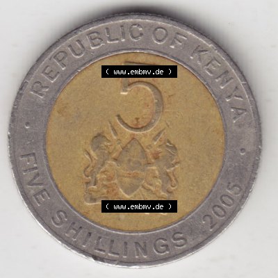 Münzen Afrika Kenia Umlaufmünzen 2005-2009, 5 Schilling - Shillings 2005. Vorderseite einer Münze aus Kenia, Kenia befindet sich auf dem Kontinent Afrika. Hier... Sammlung