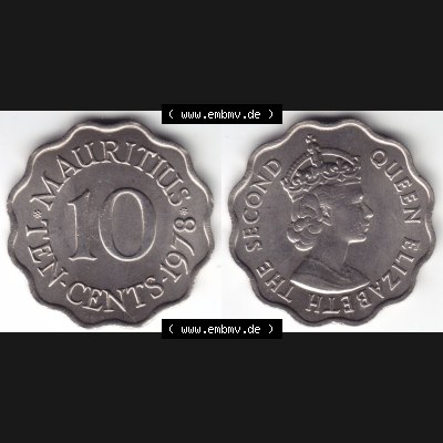 Münzen Afrika Mauritius Umlaufmünzen 1954-1978, 10 Cent 1978. Vorderseite und Rückseite nebeneinander auf einen Digitalen Bild einer Münze aus Mauritius, Mauritius... Sammlung