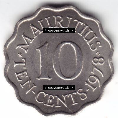 Münzen Afrika Mauritius Umlaufmünzen 1954-1978, 10 Cent 1978. Vorderseite einer Münze aus Mauritius, Mauritius befindet sich auf dem Kontinent Afrika. Hier befindet... Sammlung