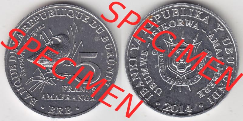 Münzen Afrika Burundi Gedenkmünzen 2014-2014, 5 Francs Vögel-Schmuckzwergralle. Vorderseite und Rückseite nebeneinander auf einen Digitalen Bild einer Münze aus Burundi,... Sammlung