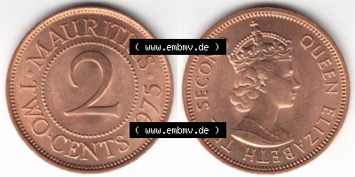 Münzen Afrika Mauritius Umlaufmünzen 1953-1978, 2 Cent 1975. Vorderseite und Rückseite nebeneinander auf einen Digitalen Bild... Sammlung