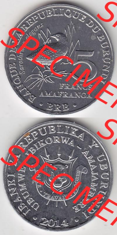 Münzen Afrika Burundi Gedenkmünzen 2014-2014, 5 Francs Vögel-Schmuckzwergralle. Vorderseite und Rückseite vertikal untereinander auf einen Digitalen Bild einer Münze... Sammlung