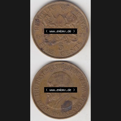 Münzen Afrika Kenia Umlaufmünzen 1969-1978, 5 Cent des Schillings 1971. Vorderseite und Rückseite vertikal untereinander auf einen Digitalen Bild einer Münze aus Kenia,... Sammlung