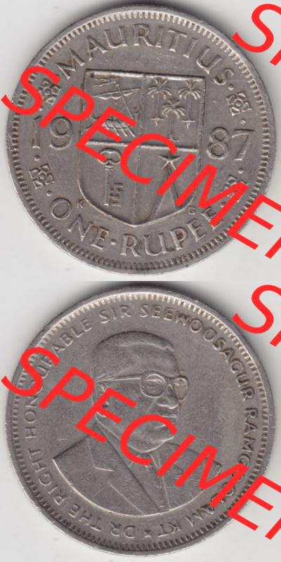 Münzen Afrika Mauritius Umlaufmünzen 1987-2010, 1 Rupie, One-Rupee 1987. Vorderseite und Rückseite vertikal untereinander auf einen Digitalen Bild einer Münze aus... Sammlung