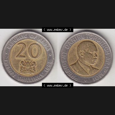 Münzen Afrika Kenia Umlaufmünzen 1998-1998, 20 Schilling - Shillings 1998. Vorderseite und Rückseite nebeneinander auf einen Digitalen Bild einer Münze aus Kenia,... Sammlung