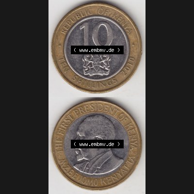 Münzen Afrika Kenia Umlaufmünzen 2010-2010, 10 Schilling - Shillings 2010. Vorderseite und Rückseite vertikal untereinander auf einen Digitalen Bild einer Münze aus Kenia,... Sammlung