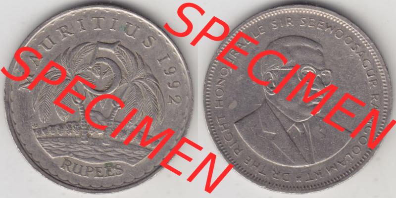 Münzen Afrika Mauritius Umlaufmünzen 1987-2010, 5 Rupien, Rupees 1992. Vorderseite und Rückseite nebeneinander auf einen Digitalen Bild einer Münze aus Mauritius,... Sammlung