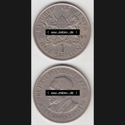 Münzen Afrika Kenia Umlaufmünzen 1969-1978, 1 Shilling 1969. Vorderseite und Rückseite vertikal untereinander auf einen Digitalen Bild einer Münze aus Kenia, Kenia... Sammlung