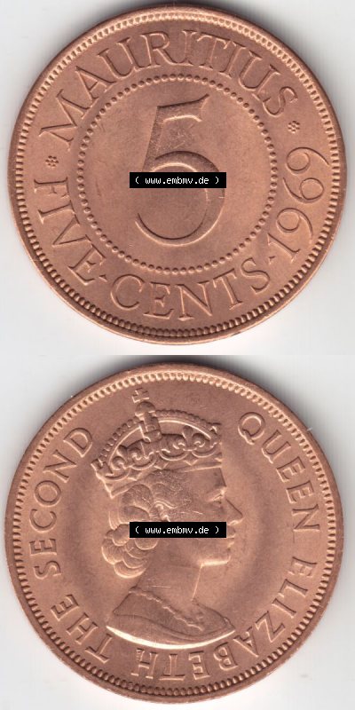 Münzen Afrika Mauritius Umlaufmünzen 1956-1978, 5 Cent 1969. Vorderseite und Rückseite vertikal untereinander auf einen Digitalen... Sammlung