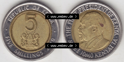 Münzen Afrika Kenia Umlaufmünzen 2010-2010, 5 Schilling - Shillings 2010. Vorderseite und Rückseite nebeneinander auf einen... Sammlung