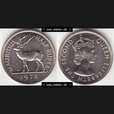 Münzen Afrika Mauritius Umlaufmünzen 1965-1978, 0,50 Halbe Rupie 1978. Vorderseite und Rückseite nebeneinander auf einen Digitalen Bild einer Münze aus Mauritius,... Sammlung