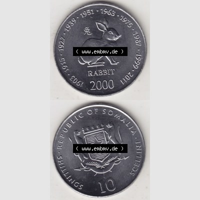 Münzen Afrika Somalia Lunar Gedenkmünzen 2000-2000, 10 Schilling mit Chinesischen Tierkreiszeichen 2011 Hase - Rabbit. Vorderseite und Rückseite vertikal untereinander auf einen... Sammlung