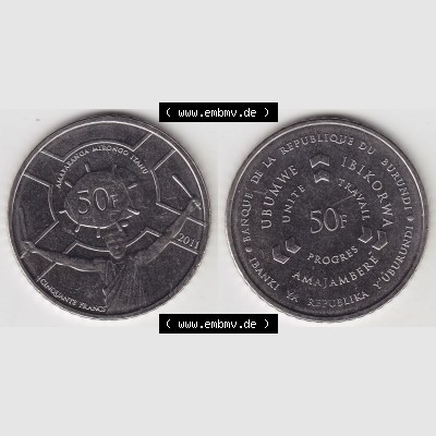 Münzen Afrika Burundi Umlaufmünzen 2011-2011, 50 France Franken 2011. Vorderseite und Rückseite nebeneinander auf einen Digitalen Bild einer Münze aus Burundi, Burundi... Sammlung