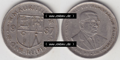 Münzen Afrika Mauritius Umlaufmünzen 1987-2010, 1 Rupie, One-Rupee 1987. Vorderseite und Rückseite nebeneinander auf einen... Sammlung