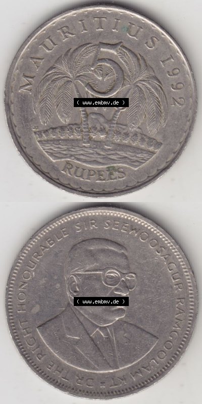Münzen Afrika Mauritius Umlaufmünzen 1987-2010, 5 Rupien, Rupees 1992. Vorderseite und Rückseite vertikal untereinander auf... Sammlung
