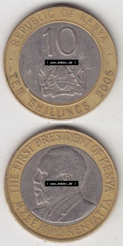 Münzen Afrika Kenia Umlaufmünzen 2005-2009, 10 Schilling - Shillings 20005. Vorderseite und Rückseite vertikal untereinander... Sammlung