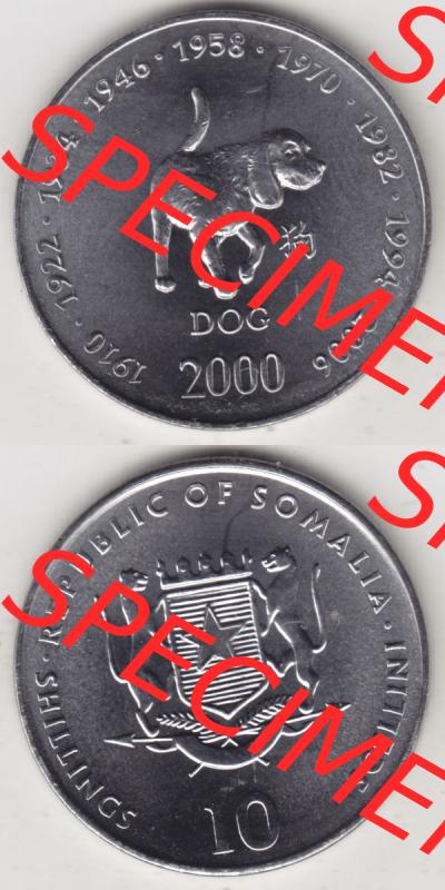 Münzen Afrika Somalia Lunar Gedenkmünzen 2000-2000, 10 Schilling mit Chinesischen Tierkreiszeichen 2006 Hund - Dog. Vorderseite und Rückseite vertikal untereinander auf einen... Sammlung