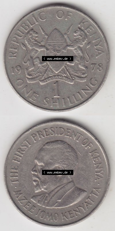 Münzen Afrika Kenia Umlaufmünzen 1969-1978, 1 Shilling 1978. Vorderseite und Rückseite vertikal untereinander auf einen Digitalen... Sammlung
