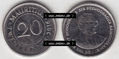 Münzen Afrika Mauritius Umlaufmünzen 1987-2016, 20 Cent 2016. Vorderseite und Rückseite nebeneinander auf einen Digitalen Bild... Sammlung