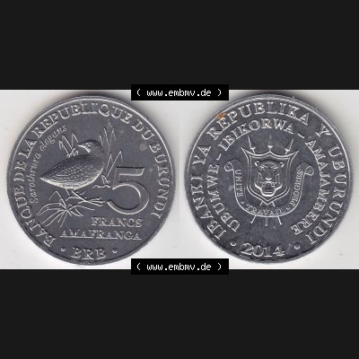 Münzen Afrika Burundi Gedenkmünzen 2014-2014, 5 Francs Vögel-Schmuckzwergralle. Vorderseite und Rückseite nebeneinander auf einen Digitalen Bild einer Münze aus Burundi,... Sammlung