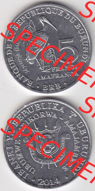 Münzen Afrika Burundi Gedenkmünzen 2014-2014, 5 Francs Vögel-Nimmersatt. Vorderseite und Rückseite vertikal untereinander auf einen Digitalen Bild einer Münze aus... Sammlung