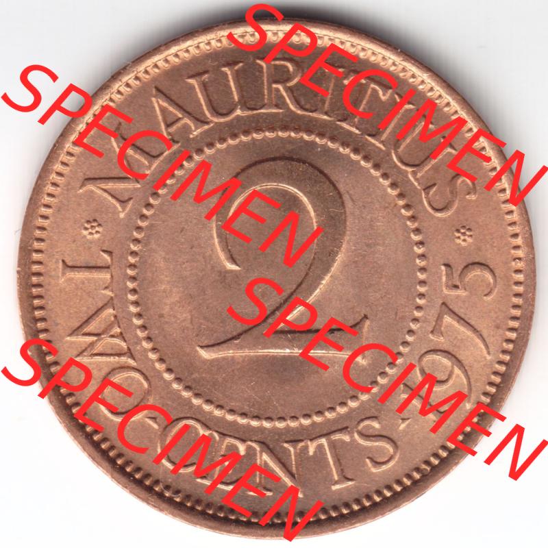 Münzen Afrika Mauritius Umlaufmünzen 1953-1978, 2 Cent 1975. Vorderseite einer Münze aus Mauritius, Mauritius befindet sich auf dem Kontinent Afrika. Hier befindet... Sammlung