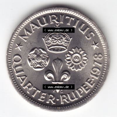 Münzen Afrika Mauritius Umlaufmünzen 1960-1978, 0,25 Quarter Rupie 1978. Vorderseite einer Münze aus Mauritius, Mauritius befindet sich auf dem Kontinent Afrika.... Sammlung
