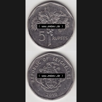 Münzen Afrika Seychellen Umlaufmünzen 1982-2010, 5 Rupien Rupess 2010. Vorderseite und Rückseite vertikal untereinander auf einen Digitalen Bild einer Münze aus der Republik... Sammlung