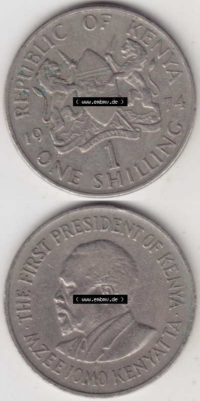 Münzen Afrika Kenia Umlaufmünzen 1969-1978, 1 One Shilling, Schilling 1974. Vorderseite und Rückseite vertikal untereinander... Sammlung