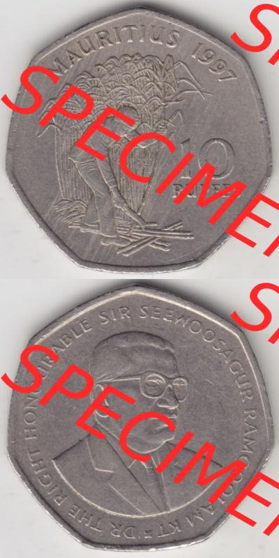 Münzen Afrika Mauritius Umlaufmünzen 1997-2000, 10 Rupien, Rupees 1997. Vorderseite und Rückseite vertikal untereinander auf einen Digitalen Bild einer Münze aus... Sammlung