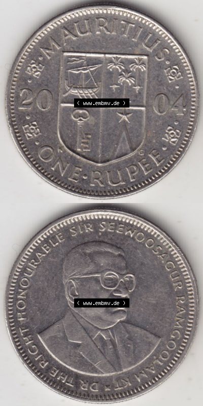 Münzen Afrika Mauritius Umlaufmünzen 1987-2010, 1 Rupie, One-Rupee 2004. Vorderseite und Rückseite vertikal untereinander auf... Sammlung