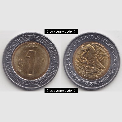 Münzen Mexiko / Mexico 1996-heute, 1 Peso 2000. Hier befindet sich die einer Umlaufmünze aus Mexiko / Mexico als horizontales Bild der Vorderseite und Rückseite auf... Sammlung
