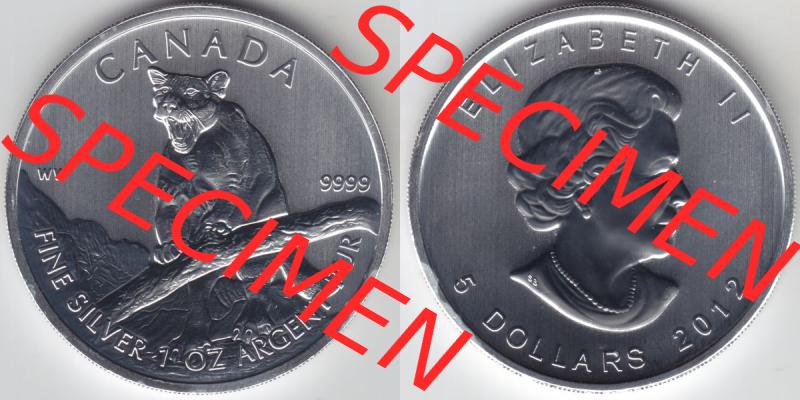 Kanada / Canada Silbermünze 2012-2012, 5 Dollars Puma Wildlife. Hier befindet sich die Vorderseite und Rückseite einer Silbermünze der kanadischen Wildlife-Serie aus Kanada... Sammlung