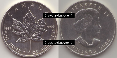 Kanada / Canada Silbermünze 2006, 5 Dollar Maple Leaf 9999er Silber weltweit berühmte Anlagemünze. Hier befindet sich die Vorderseite... Sammlung