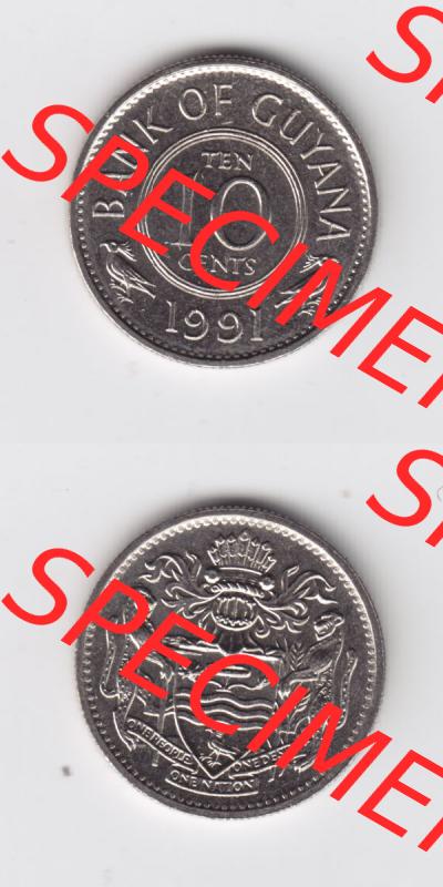 Münzen Guyana 1991, 10 Ten Cents. Hier befindet sich die Vorderseite und Rückseite einer Umlaufmünze aus Guyana als Digitales Bild in vertikaler Ausrichtung untereinander im... Sammlung