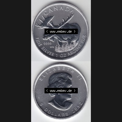 Kanada / Canada Silbermünze 2012-2012, 5 Dollars Wildlife Elch. Hier befindet sich die Vorderseite und Rückseite einer Silbermünze der kanadischen Wildlife-Serie aus Kanada... Sammlung