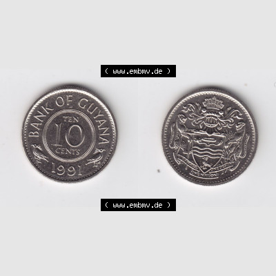 Münzen Guyana 1991, 10 Ten Cents. Hier befindet sich die Vorderseite und Rückseite einer Umlaufmünze aus Guyana als Digitales Bild in horizontaler Ausrichtung im online Katalog... Sammlung