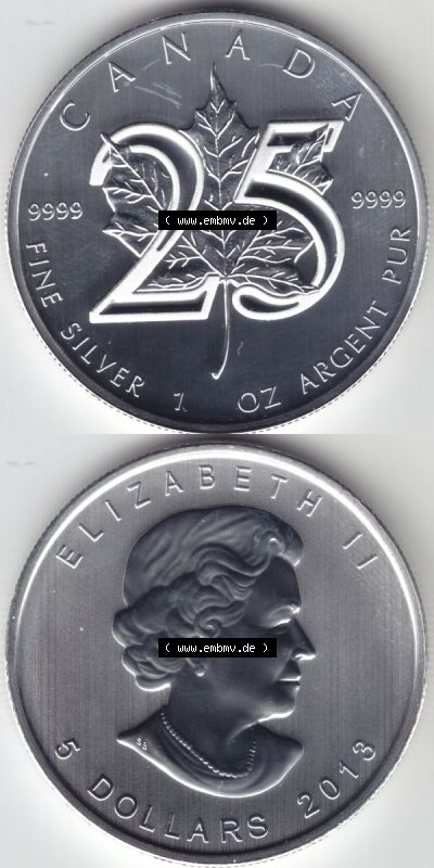Kanada / Canada Silbermünze 2013, 5 Dollar 25 Jahre Silber Maple Leaf 9999er Silber weltweit berühmte Anlagemünze. Hier befindet... Sammlung