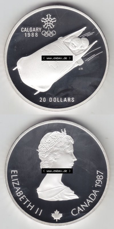 Kanada / Canada Silbermünze 1987, 20 Dollar Olympiade Calgary 1988, Bobsport. Hier befindet sich die Vorderseite und Rückseite... Sammlung