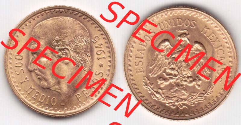 Münzen Mexiko / Mexico 1918-1948, Dos Y Medio Pesos Goldmünze 1945. Hier befindet sich eine Goldmünze aus Mexiko / Mexico als horizontales Bild der Vorderseite und Rückseite... Sammlung