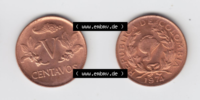 Kolumbien Umlaufmünzen 1974, 5 V Centavos. Hier befindet sich die Vorderseite und Rückseite einer Umlaufmünze aus Kolumbien... Sammlung