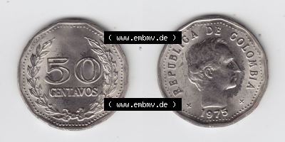 Kolumbien Umlaufmünzen 1975, 50 Centavos. Hier befindet sich die Vorderseite und Rückseite einer Umlaufmünze aus Kolumbien... Sammlung