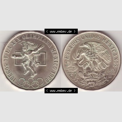 Münzen Mexiko / Mexico 1968-1968, 25 Pesos Olympia, Silbermünze. Hier befindet sich die einer Silbermünze aus Mexiko / Mexico als horizontales Bild der Vorderseite... Sammlung
