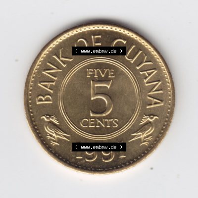 Münzen Guyana 1991, 5 Five Cents. Hier befindet sich die Vorderseite einer Umlaufmünze aus Guyana als Digitales Bild im online Katalog zum katalogisieren und kategorisieren der Münzen... Sammlung