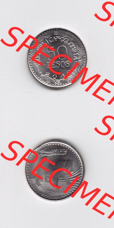 Kolumbien Umlaufmünzen 2012, 50 Pesos. Hier befindet sich die Vorderseite und Rückseite einer Umlaufmünze aus Kolumbien als Digitales Bild in vertikaler Ausrichtung untereinander... Sammlung