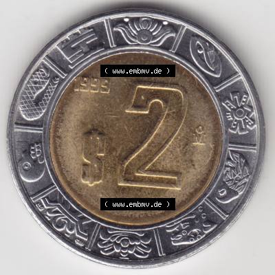 Münzen Mexiko / Mexico 1996-heute, 2 Pesos 1999. Hier befindet sich die Vorderseite einer Umlaufmünze aus Mexiko / Mexico als Digitales Bild im online Katalog zum katalogisieren... Sammlung