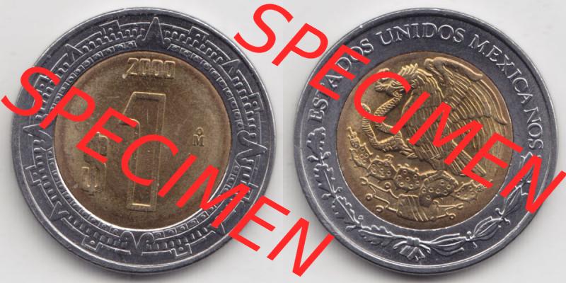 Münzen Mexiko / Mexico 1996-heute, 1 Peso 2000. Hier befindet sich die einer Umlaufmünze aus Mexiko / Mexico als horizontales Bild der Vorderseite und Rückseite auf... Sammlung