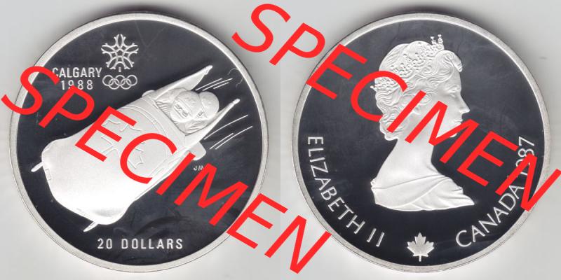 Kanada / Canada Silbermünze 1987, 20 Dollar Olympiade Calgary 1988, Bobsport. Hier befindet sich die Vorderseite und Rückseite einer 20 Dollar Silbermünze aus Kanada... Sammlung