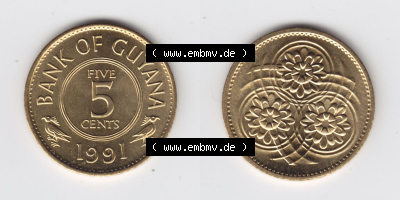 Münzen Guyana 1991, 5 Five Cents. Hier befindet sich die Vorderseite und Rückseite einer Umlaufmünze aus Guyana als Digitales... Sammlung