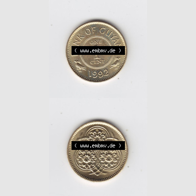 Münzen Guyana 1992, 1 One Cent. Hier befindet sich die Vorderseite und Rückseite einer Umlaufmünze aus Guyana als Digitales Bild in vertikaler Ausrichtung untereinander im online... Sammlung